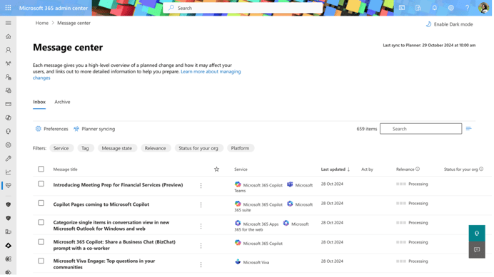 Microsoft 365 Message Center in Admin Center