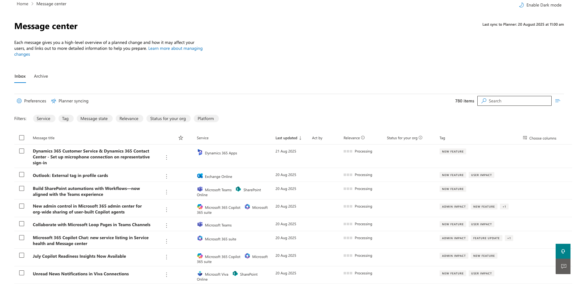 Microsoft 365 Message Center in the Admin Center