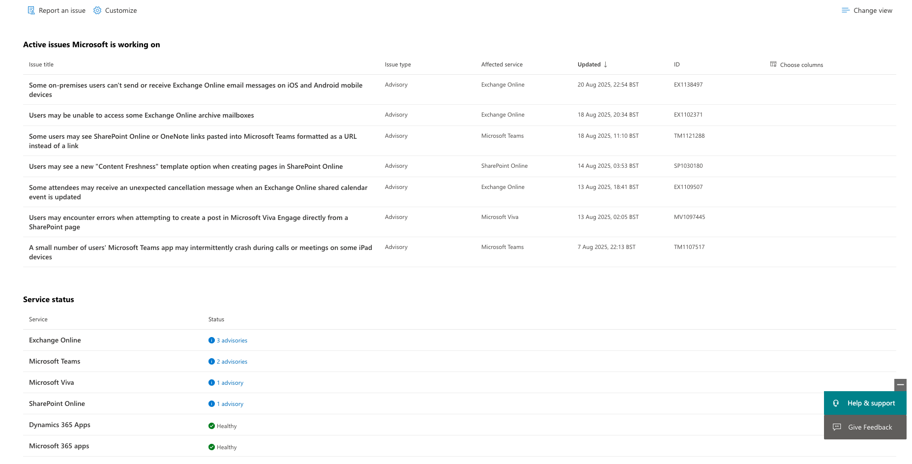 Service Health Dashboard in the Microsoft 365 Admin Center